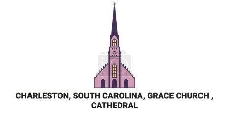 Téléchargez les illustrations : États-Unis, Charleston, Caroline du Sud, Grace Church, illustration vectorielle de ligne de voyage de la cathédrale - en licence libre de droit
