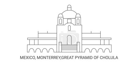 Ilustración de México, Monterrey, Gran Pirámide de Cholula, ilustración de vector de línea de referencia de viaje - Imagen libre de derechos