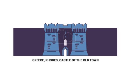Ilustración de Grecia, Rodas, Castillo de la Ciudad Vieja viaje hito línea vector ilustración - Imagen libre de derechos