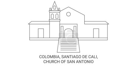 Téléchargez les illustrations : Colombie, Santiago De Cali, Eglise de San Antonio illustration vectorielle de ligne de voyage - en licence libre de droit