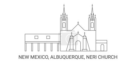 Ilustración de Estados Unidos, Nuevo México, Albuquerque, Iglesia de Neri, ilustración de vector de línea de referencia de viaje - Imagen libre de derechos