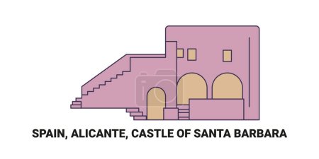 Téléchargez les illustrations : Espagne, Alicante, Château de Santa Barbara, illustration vectorielle de ligne de repère de voyage - en licence libre de droit