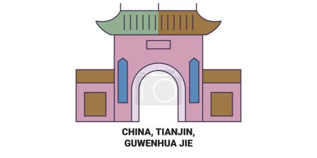 Téléchargez les illustrations : Chine, Tianjin, Guwenhua Jie illustration vectorielle de ligne de voyage historique - en licence libre de droit