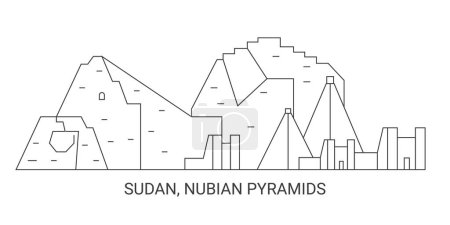 Téléchargez les illustrations : Soudan, Pyramides nubiennes, illustration vectorielle de ligne de repère de voyage - en licence libre de droit