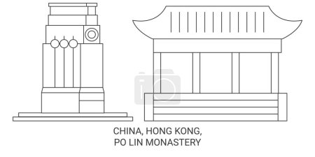 Ilustración de China, Hong Kong, Po Lin Monasterio viaje hito línea vector ilustración - Imagen libre de derechos