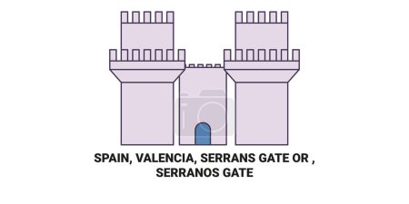 Téléchargez les illustrations : Espagne, Valence, Serrans Gate Or, Serranos Gate illustration vectorielle de ligne de voyage - en licence libre de droit