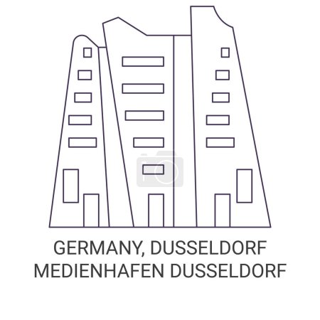 Téléchargez les illustrations : Allemagne, Düsseldorf, Medienhafen Illustration vectorielle de ligne historique de voyage de Dsseldorf - en licence libre de droit