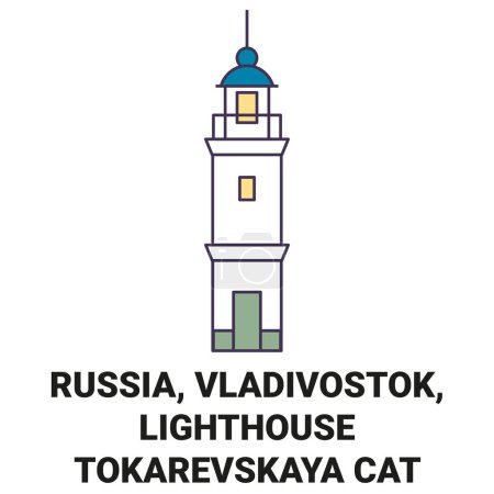 Téléchargez les illustrations : Russie, Vladivostok, Phare Tokarevskaya Chat Voyage illustration vectorielle ligne historique - en licence libre de droit