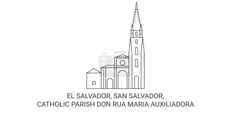 Ilustración de El Salvador, San Salvador, Parroquia Católica Don Rua Maria Auxiliadora recorrido hito línea vector ilustración - Imagen libre de derechos