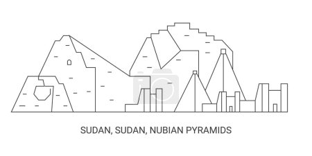 Téléchargez les illustrations : Soudan, Soudan, Pyramides nubiennes, illustration vectorielle de ligne de repère de voyage - en licence libre de droit