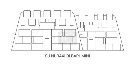 Illustration for Italy, Su Nuraxi Di Barumini travel landmark line vector illustration - Royalty Free Image