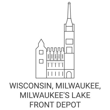 Illustration for United States, Wisconsin, Milwaukee, Milwaukees Lake Front Depot travel landmark line vector illustration - Royalty Free Image