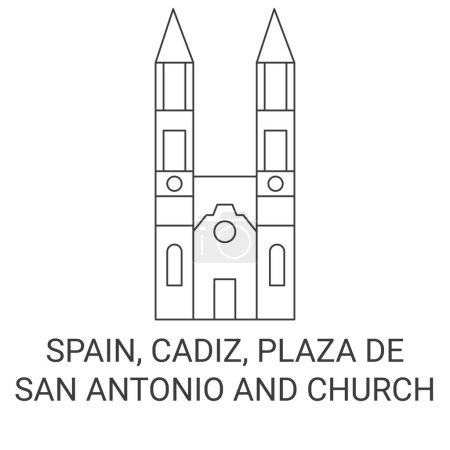 Illustration for Spain, Cadiz, Plaza De San Antonio And Church travel landmark line vector illustration - Royalty Free Image