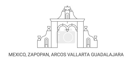 Téléchargez les illustrations : Mexique, Zapopan, Arcos Vallarta Guadalajara, illustration vectorielle de ligne de repère de voyage - en licence libre de droit