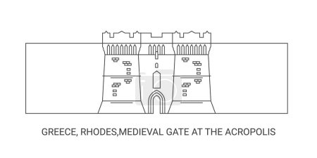 Grèce, Rhodes, Porte médiévale à l'Acropole, illustration vectorielle de ligne de repère de voyage
