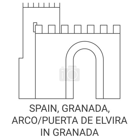 Téléchargez les illustrations : Espagne, Grenade, Arco Puerta De Elvira Illustration vectorielle de ligne de voyage à Grenade - en licence libre de droit