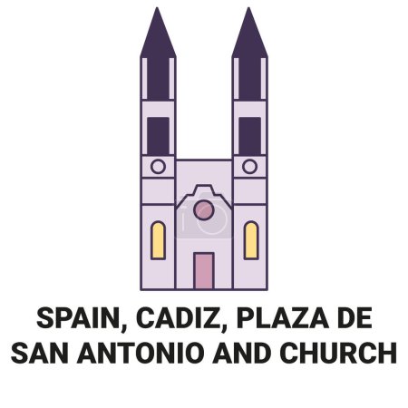 Ilustración de España, Cádiz, Plaza De San Antonio Y la iglesia de viaje hito línea vector ilustración - Imagen libre de derechos