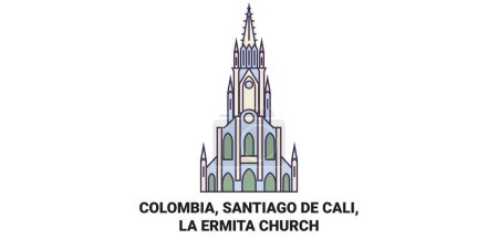 Ilustración de Colombia, Santiago De Cali, Iglesia de La Ermita recorrido hito línea vector ilustración - Imagen libre de derechos