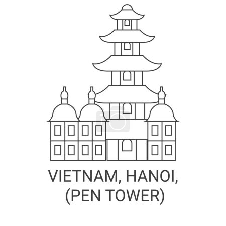 Téléchargez les illustrations : Vietnam, Hanoi, Thp Bt Pen Tower Voyage illustration vectorielle de ligne historique - en licence libre de droit