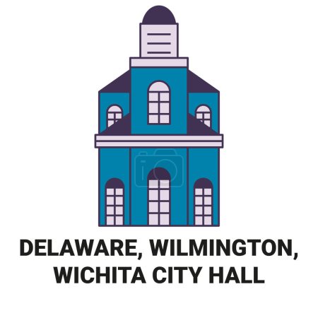 Téléchargez les illustrations : États-Unis, Delaware, Wilmington, Wichita City Hall illustration vectorielle de ligne de voyage - en licence libre de droit