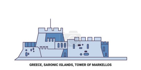 Ilustración de Grecia, Islas Sarónicas, Torre de Markellos recorrido hito línea vector ilustración - Imagen libre de derechos