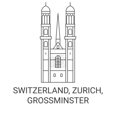Téléchargez les illustrations : Suisse, Zurich, Grossmnster illustration vectorielle de ligne de voyage - en licence libre de droit