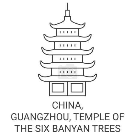 Ilustración de China, Guangzhou, Templo de los seis árboles de Banyan recorrido hito línea vector ilustración - Imagen libre de derechos