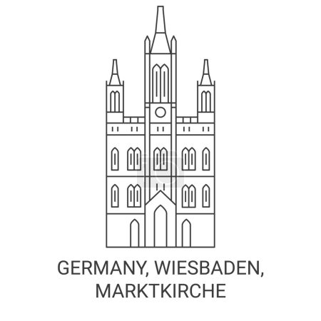 Téléchargez les illustrations : Allemagne, Wiesbaden, Marktkirche illustration vectorielle de ligne de voyage - en licence libre de droit