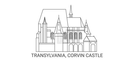Téléchargez les illustrations : Roumanie, Transylvanie, Château de Corvin, illustration vectorielle de ligne de repère de voyage - en licence libre de droit