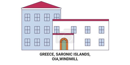 Téléchargez les illustrations : Grèce, Îles Saroniques, Oia, Illustration vectorielle de ligne de voyage de moulin à vent - en licence libre de droit