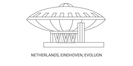 Téléchargez les illustrations : Pays-Bas, Eindhoven, Evoluon, illustration vectorielle de ligne de repère de voyage - en licence libre de droit