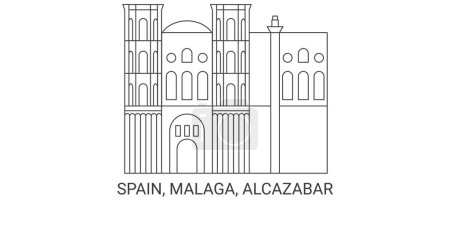 Téléchargez les illustrations : Espagne, Andalousie, Malaga, Alcazaba Travel Landmark illustration vectorielle - en licence libre de droit