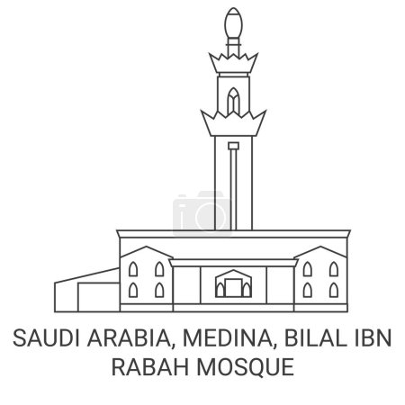 Téléchargez les illustrations : Arabie Saoudite, Médine, Bilal, Ibn Rabah Mosquée Voyage illustration vectorielle ligne historique - en licence libre de droit