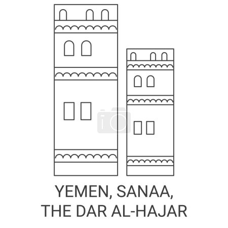 Illustration for Yemen, Sanaa, The Dar Alhajar travel landmark line vector illustration - Royalty Free Image