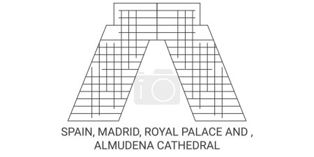 Illustration for Spain, Madrid, Royal Palace And , Almudena Cathedral travel landmark line vector illustration - Royalty Free Image