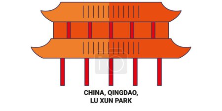 Illustration for China, Qingdao, Lu Xun Park travel landmark line vector illustration - Royalty Free Image