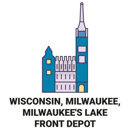 Téléchargez les illustrations : États-Unis, Wisconsin, Milwaukee, Milwaukees Lake Front Depot Travel illustration vectorielle de ligne de repère - en licence libre de droit