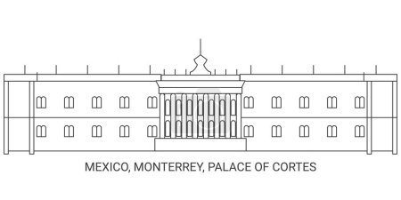 Ilustración de México, Monterrey, Palacio de Cortes recorrido hito línea vector ilustración - Imagen libre de derechos