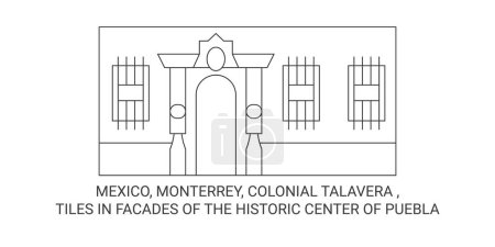 Ilustración de México, Monterrey, Colonial Talavera, Azulejos en fachadas del centro histórico de Puebla recorrido hito línea vector ilustración - Imagen libre de derechos