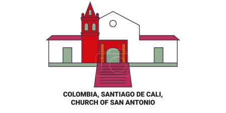 Téléchargez les illustrations : Colombie, Santiago De Cali, Eglise de San Antonio illustration vectorielle de ligne de voyage - en licence libre de droit