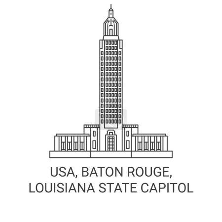 Téléchargez les illustrations : États-Unis, Baton Rouge, Louisiane State Capitol travel landmark line vecector illustration - en licence libre de droit