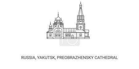 Téléchargez les illustrations : Russie, Iakoutsk, Cathédrale de Preobrazhensky, illustration vectorielle de ligne de repère de voyage - en licence libre de droit