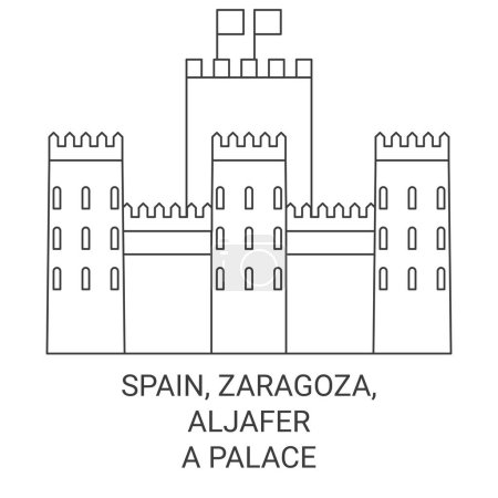 Téléchargez les illustrations : Espagne, Saragosse, Palais d'Aljafera illustration vectorielle de ligne de voyage historique - en licence libre de droit