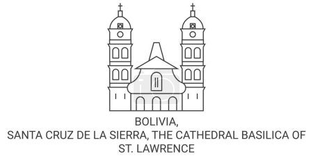 Téléchargez les illustrations : Bolivie, Santa Cruz De La Sierra, La Basilique Cathédrale de Saint-Laurent illustration vectorielle de ligne de voyage historique - en licence libre de droit