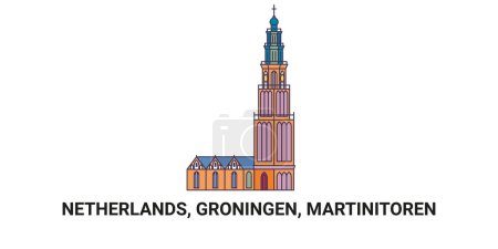 Illustration for Netherlands, Groningen, Martinitoren, travel landmark line vector illustration - Royalty Free Image