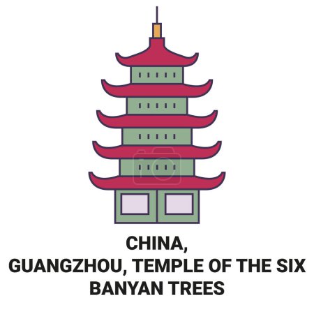 Ilustración de China, Guangzhou, Templo de los seis árboles de Banyan recorrido hito línea vector ilustración - Imagen libre de derechos