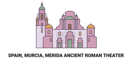 Ilustración de España, Murcia, Mérida Antiguo Teatro Romano, recorrido hito línea vector ilustración - Imagen libre de derechos