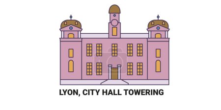 Illustration for France, Lyon, City Hall Towering, travel landmark line vector illustration - Royalty Free Image