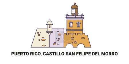 Téléchargez les illustrations : Porto Rico, Castillo San Felipe Del Morro, illustration vectorielle de ligne de repère de voyage - en licence libre de droit