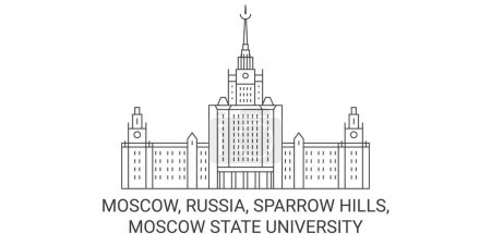Téléchargez les illustrations : Russie, Moscou, Sparrow Hills, Moscou State University Voyage illustration vectorielle de ligne historique - en licence libre de droit